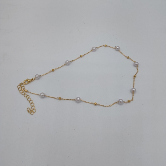 Dainty Goldtone Pearl And Gold Bead Station Necklace With Extender NWOT - Picture 2 of 3